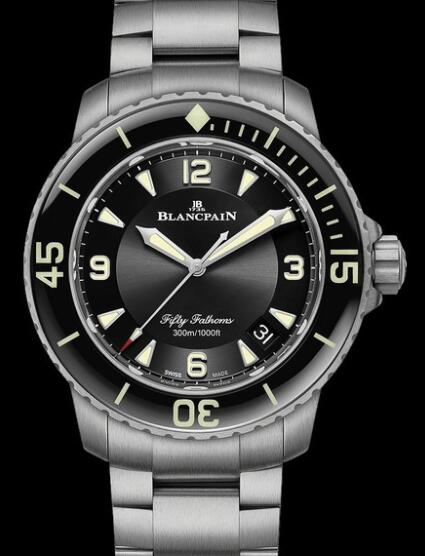 Review Blancpain Fifty Fathoms Automatique Replica Watch 5015 12B30 98B Titanium - Black Dial - Titanium Bracelet - Click Image to Close